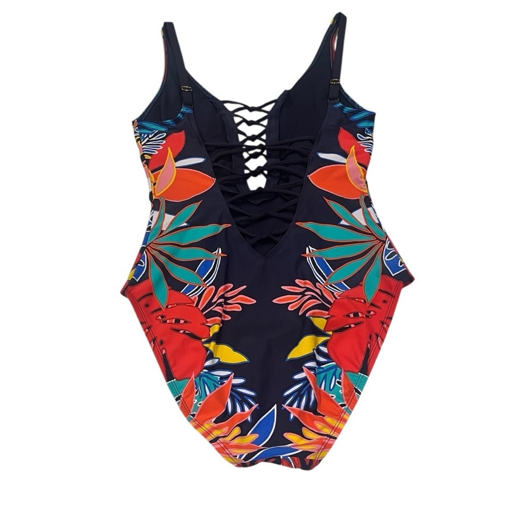 Women’s Bleu By Rod Beattie Navy Tropical Floral Lace Up Plunging Swimsuit — 6 - Picture 5 of 11